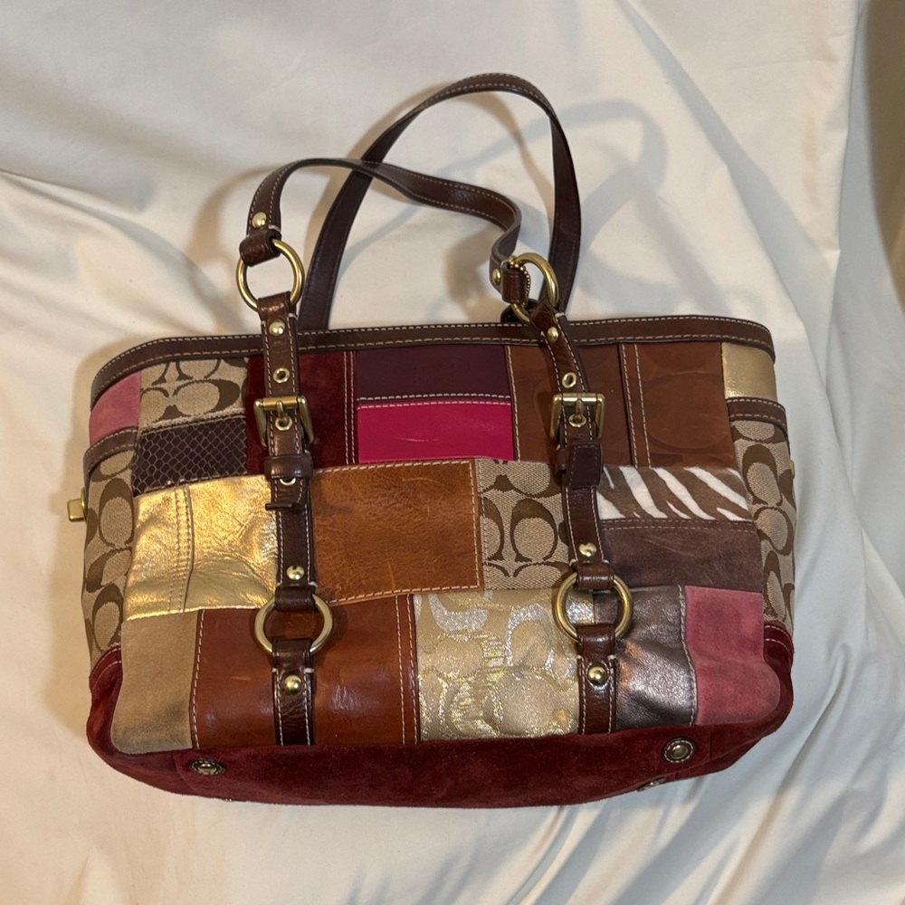 Coach Patchwork Shoulder Bag - Red, Brown, Gold